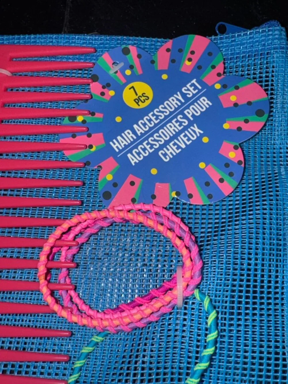 7-Piece Hair Accessory Set With Comb & Braided Hair Ties In Blue Mesh Bag
